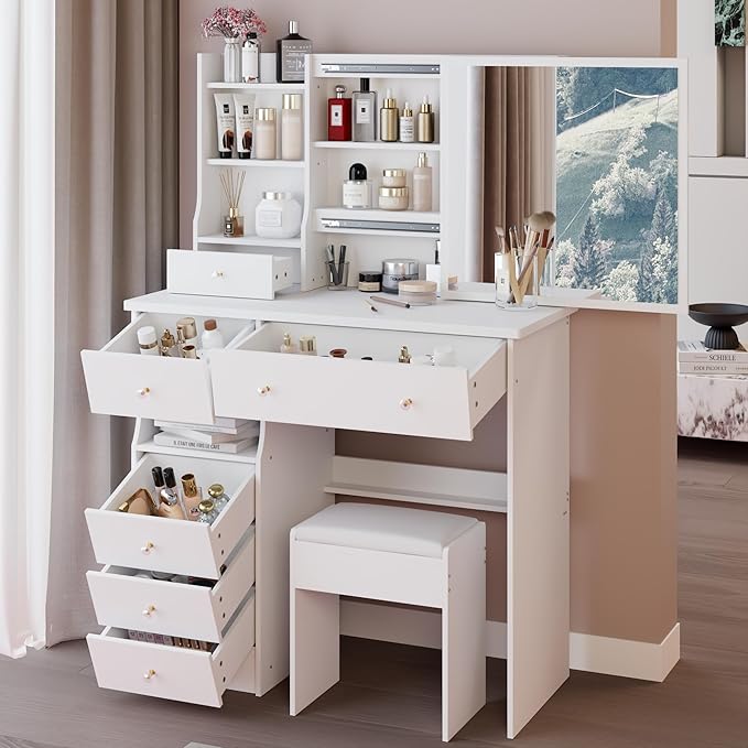 37" Vanity Desk with Mirror, Makeup Table with Sliding Mirror, Dressing Table with Multi Layer High Capacity Storage, Vanity Set with 6 Drawers and Stool for Bedroom, White
