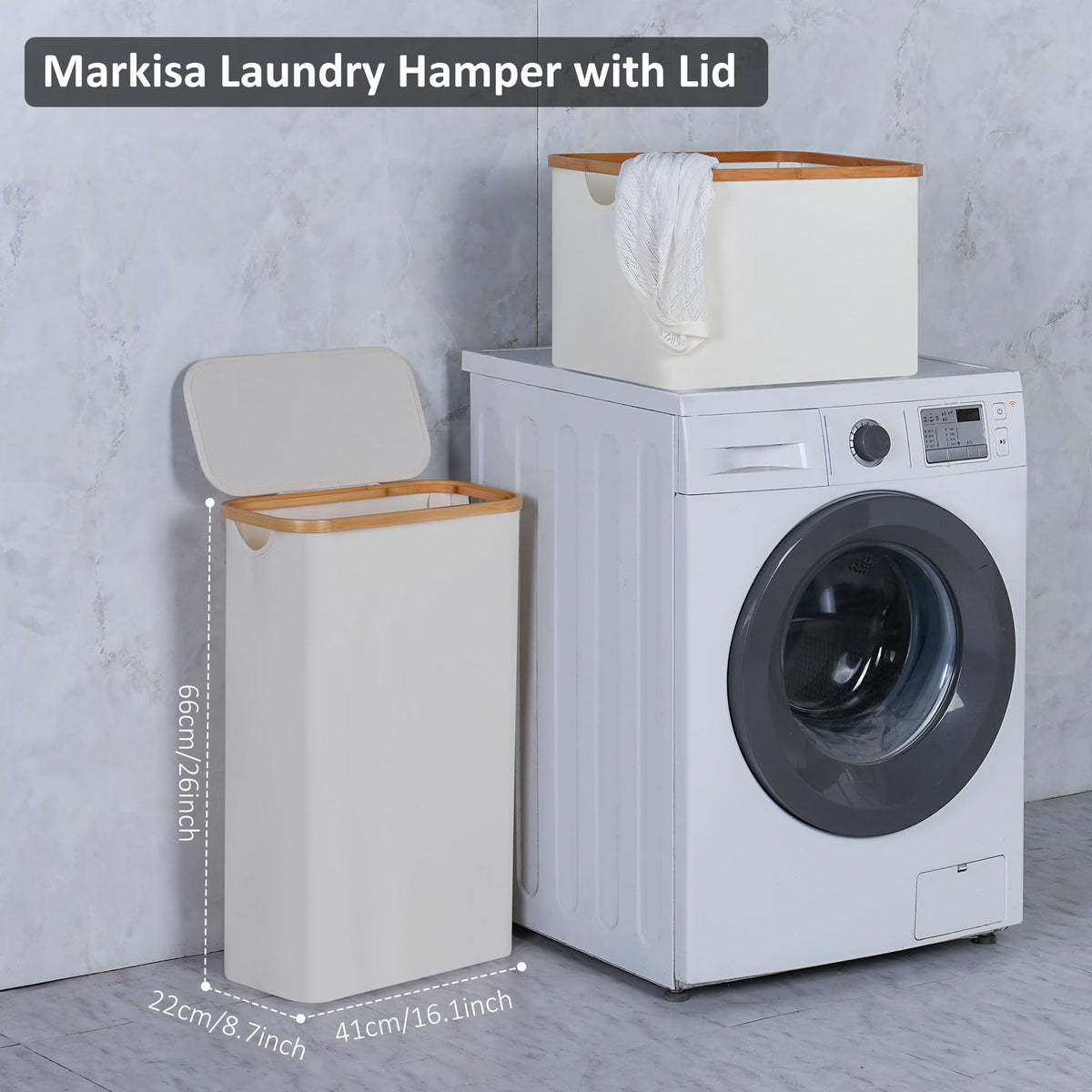 Merkisa Slim Laundry Hamper,Narrow laundry Hamper with Lid,60L Hamper for Laundry,Dirty Cloth Hamper with Bamboo Handle for Towels, Clothes Organizing,Beige