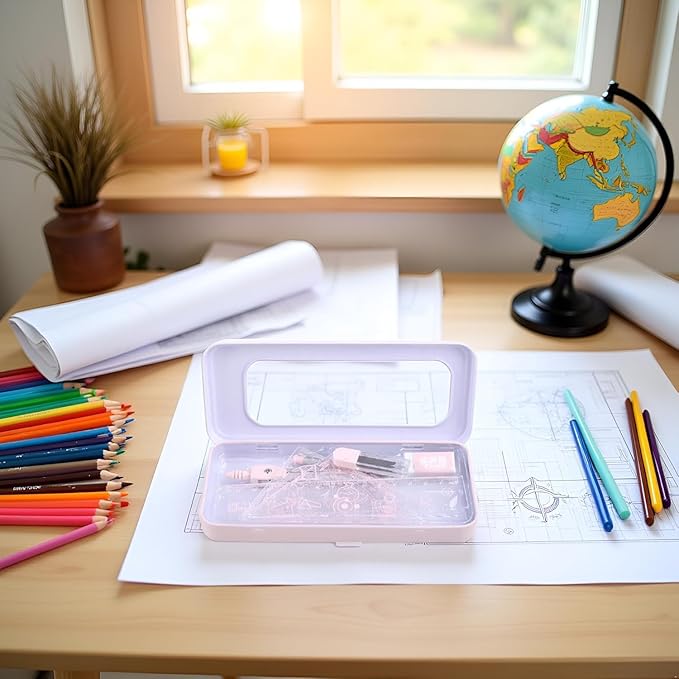 7Pcs Pink Geometry Math Drawing Set with Compass, Protractor, Rulers, Drafting Tools in Portable Box for Students