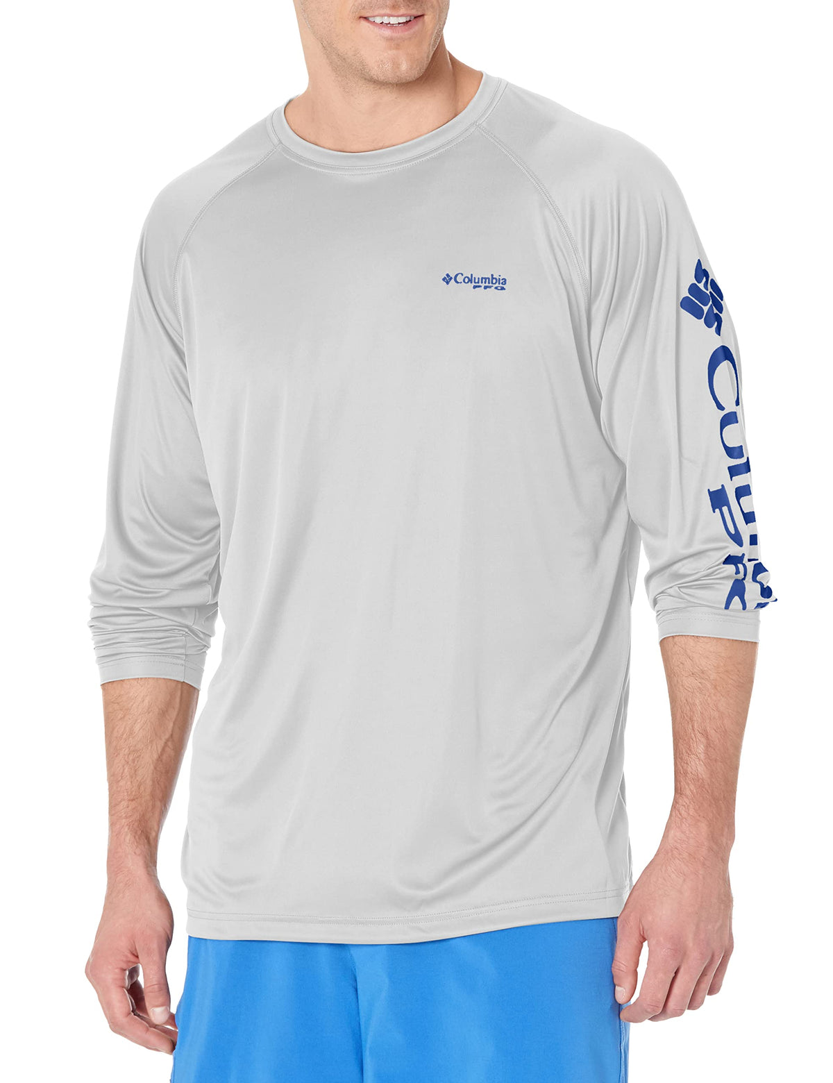 Columbia Men's PFG Terminal Tackle Long Sleeve Fishing Shirt, Cool Grey/Vivid Blue Logo, 3X Tall