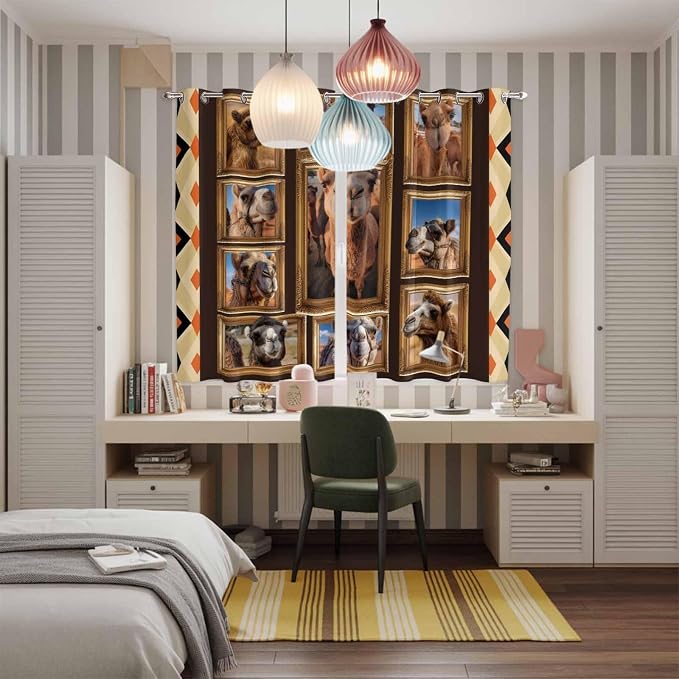 2 Panel Kitchen Cafe Curtains, Wildlife Camels Sunlight Filtering Nature Air