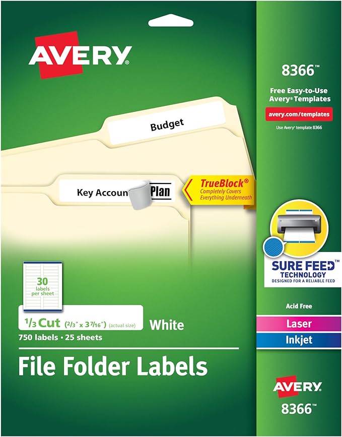 Avery File Folder Labels with TrueBlock Technology, Permanent Adhesive, 2/3" x 3-7/16", Laser/Inkjet, 5-Pack, 3,750 Labels Total (08366)
