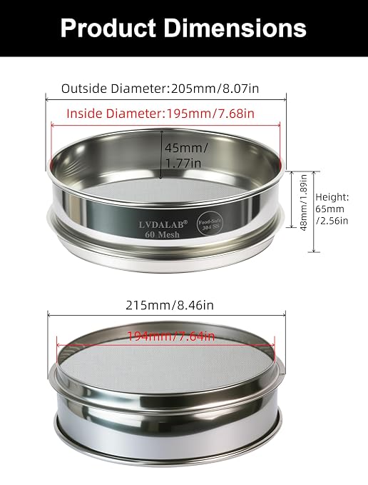 All 304 Stainless Steel 60 Mesh Test Sieve, 8 Inch/20cm Diameter, Flour Sifter