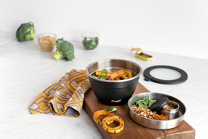 S’well Stainless Steel 64oz Salad Bowl Kit in Onyx,Comes with 2oz Condiment Container and Removable Tray for Organized Serving,Leak-Proof and Dishwasher Safe,(Pack of 8)