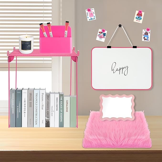 12 Pcs Locker Organizer and Decorating Kit, First Day of School Essentials Marble Print board with Markers Locker Shelf Plush Area Rug String Light Mirror Magnetic Cup and Magnet (Rose Red)