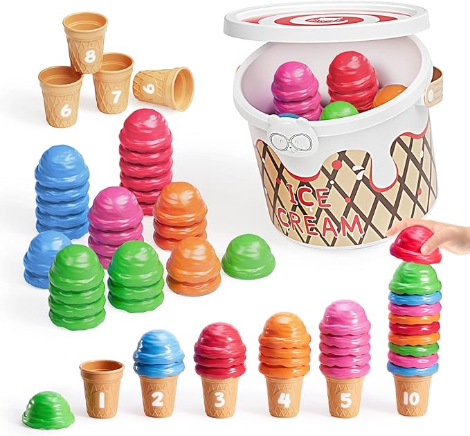 JoyCat Ice Cream Preschool Learning Activities Counting and Color Sorting Set Stacking Toys for Kids 3-5, Educational Fine Motor Skills Toys, 65PCS Math Manipulatives, Easter Basket Stuffers