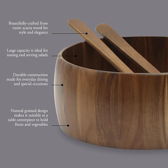 Gibson Home Laurelton 3-Piece Acacia Wood Salad Serving Bowl Set – Large 13-Inch Bowl with 2 Serving Tools