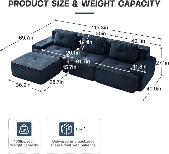 115" Modern Compressed Boneless Couch with Ottoman, 3 Seater Large L Shaped Sectional Couches for Living Room, Blue Corduroy Cloud Modular Sectional Sofa, Memory Foam, Extra Deep, No Assembly