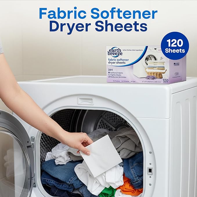 Earth Breeze Fabric Softener Dryer Sheets – Lavender, Hypoallergenic, No Harsh Chemicals, Safe Ingredients – Soft Clothes – Static Cling & Wrinkle Reducer – Gentle Fabric Care – Made in USA (2 Pack)