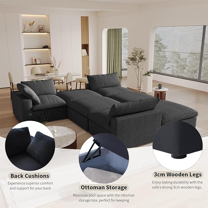 Cloud Couch Modular Sectional Sofa,160.6" L Shaped Convertible Sectional Sofas with Storage Ottoman for Living Room,Minimalist Deep 5 Seater, Covers Washable&Replaceable(Black)