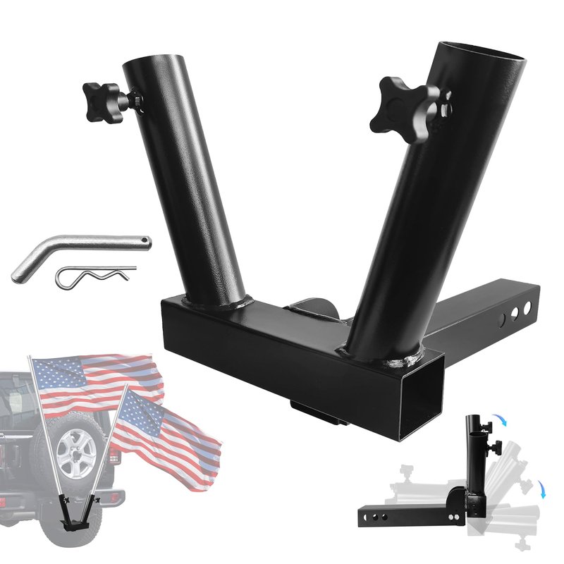 KAIRAY Foldable Hitch Mount Dual Flagpole Holder Universal for Standard 2 inch Receiver fit for Truck SUV RV Pickup