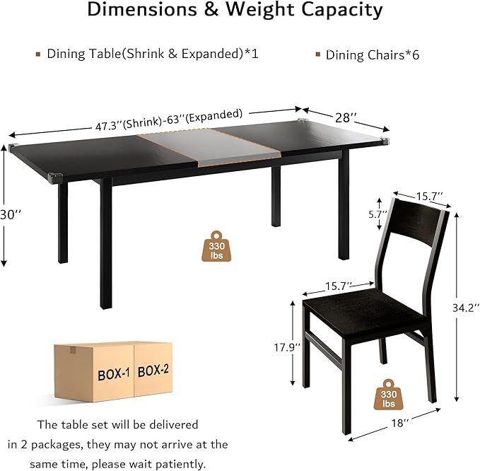 iPormis 7-Piece Dining Table & Chairs Set for 4-6, 63" Extendable Kitchen Table with 6 Chairs, Dining Room Table with Metal Frame & MDF Board, Perfect for Small Space, Easy Assembly, Black