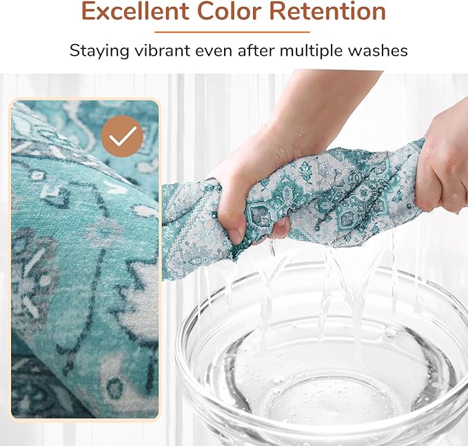 OPPODREAM Thin 6x9 Area Rugs, Washable Rug 6x9 with Non Slip Backing, Faux Cashmere Low-Pile 6 x 9 Carpet, Teal & Turquoise & Cream