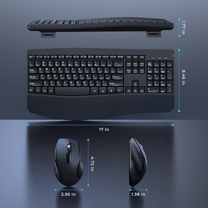 Ergonomic Keyboard and Mouse Combo, Full Size Cordless Computer Keyboard with Palm Wrist Rest Ergonomic Mouse for Windows Computers Laptops - Black