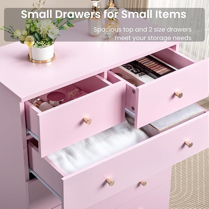 Karl home Pink 7 Drawer Dresser for Bedroom, Tall Dresser Chest of Drawers, Wood Pink Bedroom Dressers for Girls, Anti-Tipping Device, Rose Gold Metal Handle, Living Room, Entryway, Hallway, Office