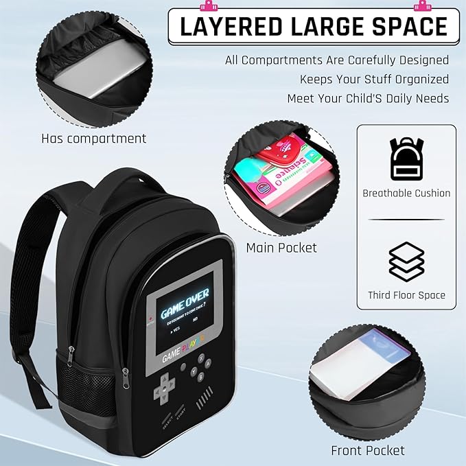 Backpack for School Boys,Gamer Boys Backpack for Elementary Middle School,Student Bookbag for Ages 6-18 Kids Children Teens,17″ Video Game Bookbag Travel Back Pack