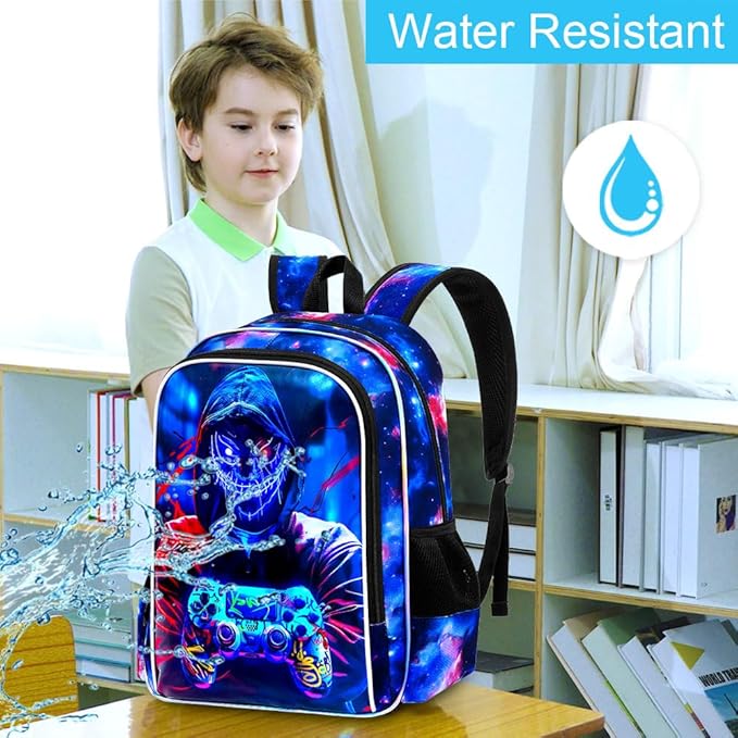 KLFVB 3PCS Backpack for Boys, 17" Kids Gaming Bookbag and Lunch Box, Water Resistant School Backpack for Teenagers Middle Elementary - Demon Game