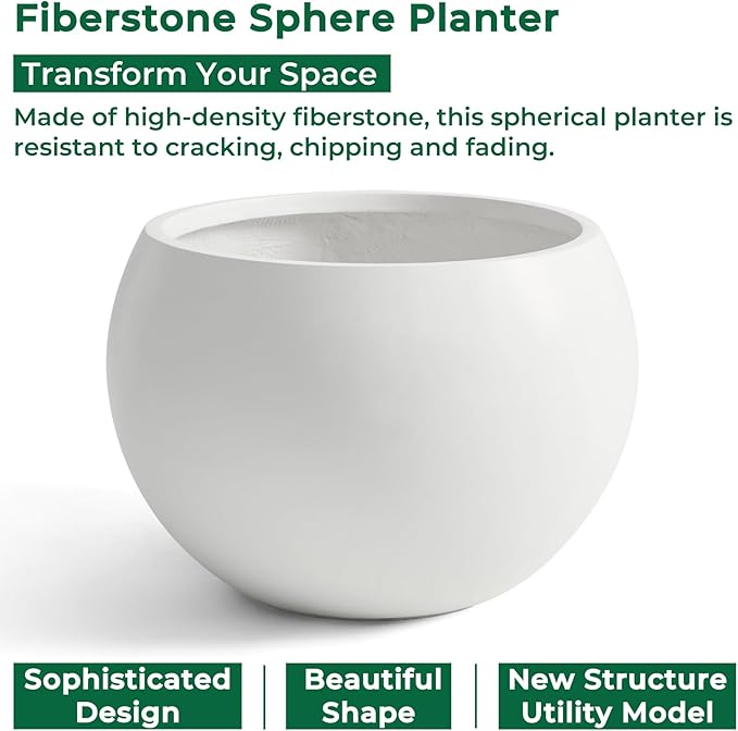 Fiberstone Sphere Planter, 15.8" Dia Round Flower Pot with Drainage Hole and Removable Plug, Plant Pot for Indoor Outdoor Use, 11.8" Opening-10.9" H Medium, White