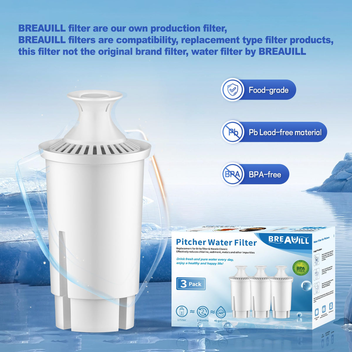BREAUILL Water Filter Replacement Compatible with Brita Pitchers and Dispensers, Water Filter by BREAUILL NSF Certified Water Pitcher Filter Compatible with Brita, Classic OB03, Mavea 107007(3 PCS)