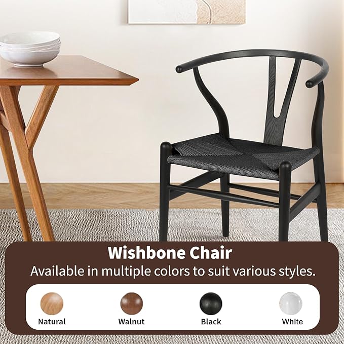 Wishbone Chair Natural Solid Wood Dining Chair/Hans Vegner Y Chair Rattan and Wood Accent Armrest Chairs Set of 2 (Ash Wood - Black)