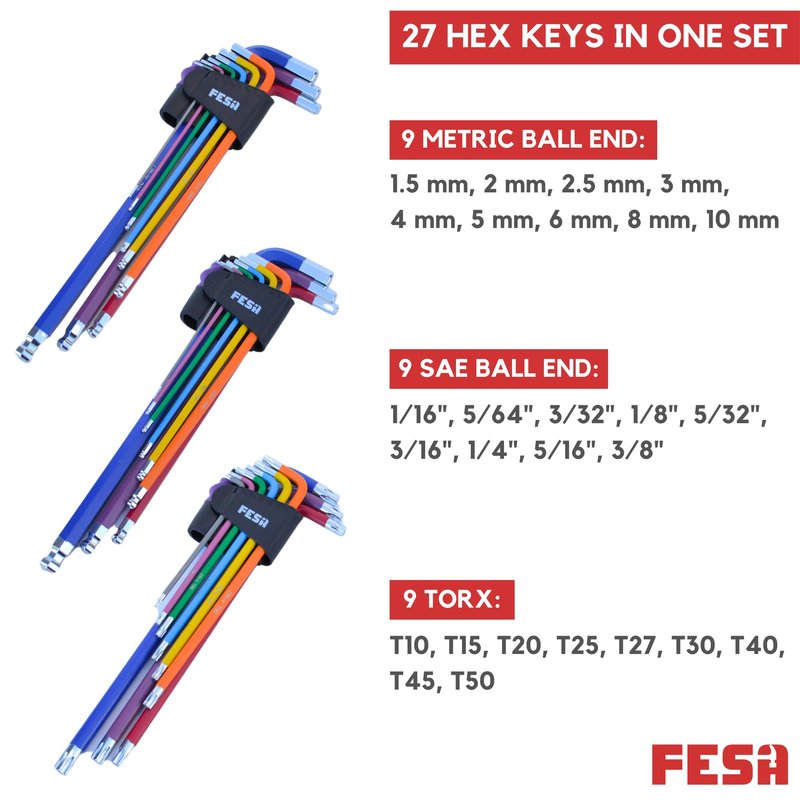 FESA Jumbo Allen Wrench Set - 29-Piece Torx, Standard & Metric Allen Wrenches with Micro to Large Ball Ends - Hex Keys with Folding Hex Tool, T-Handle & Storage Tray
