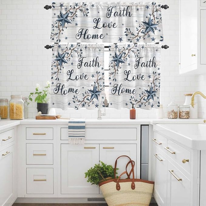 Kitchen Curtains Tiers and Valance Set of 3, Farmhouse Light Filtering Window