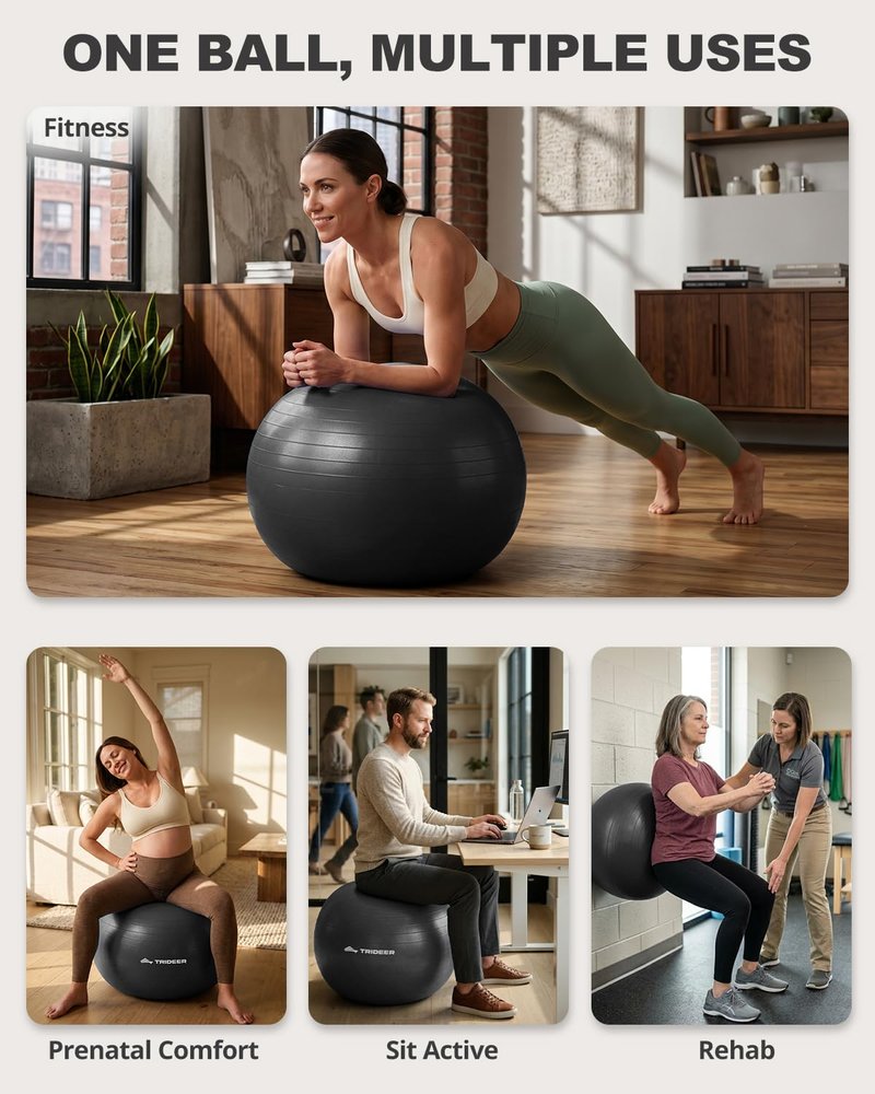 Trideer Extra Thick Yoga Ball Exercise Ball, 5 Sizes Ball Chair, Heavy Duty Swiss Ball for Balance, Stability, Pregnancy and Physical Therapy, Quick Pump Included (Black, M(19-22ines/48-55cm))