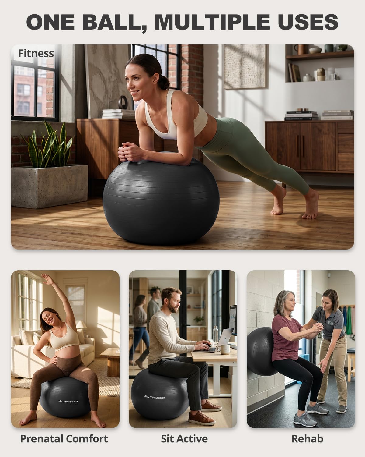 Trideer Exercise Ball for Yoga, Pilates & Fitness – Stability Ball Equipment for Home Gym & Office Chair, Core & Balance Training Accessories, Physical Therapy Equipment, Quick Pump Included, 5 Sizes