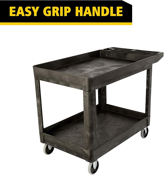 Rubbermaid Commercial Products 2-Shelf Utility/Service Cart, Medium, Black, Lipped Shelves, Ergonomic Handle, 500 lbs. Capacity, for Warehouse/Garage/Cleaning/Manufacturing