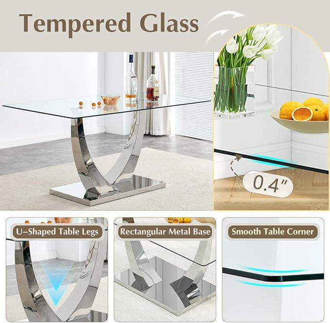 Glass Dining Table Set for 6,Dining Room Table Set for 6,Kitchen Table Set with 6 PU Leather Chairs,63'' Glass Dining Table Set with Silver U-Shaped Table Legs and Rectangular Base