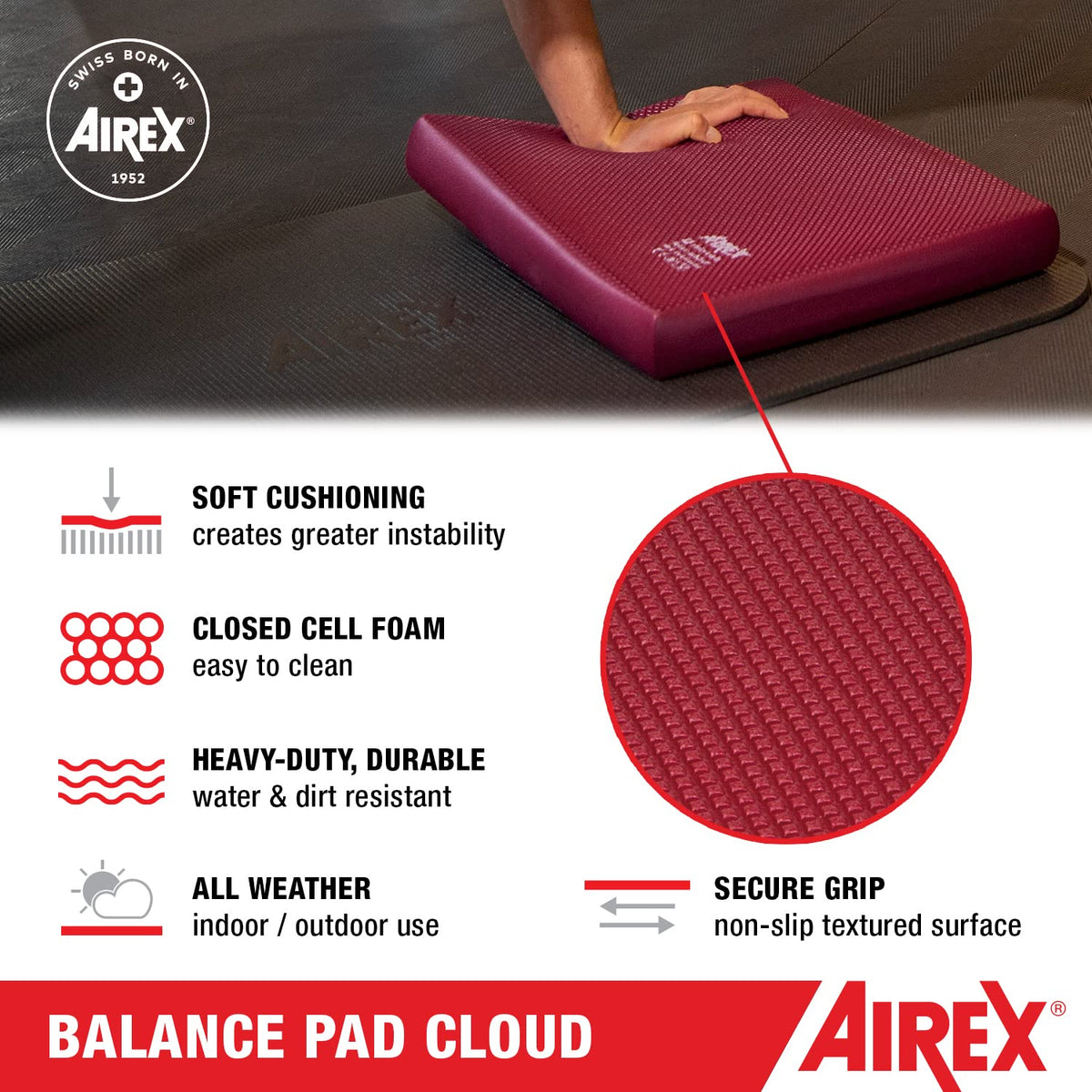 AIREX Balance Pad Cloud – Stability Trainer for Balance, Stretching, Physical Therapy, Exercise, Mobility, Rehabilitation and Core Training Non-Slip Closed Cell Foam Premium Balance Pad