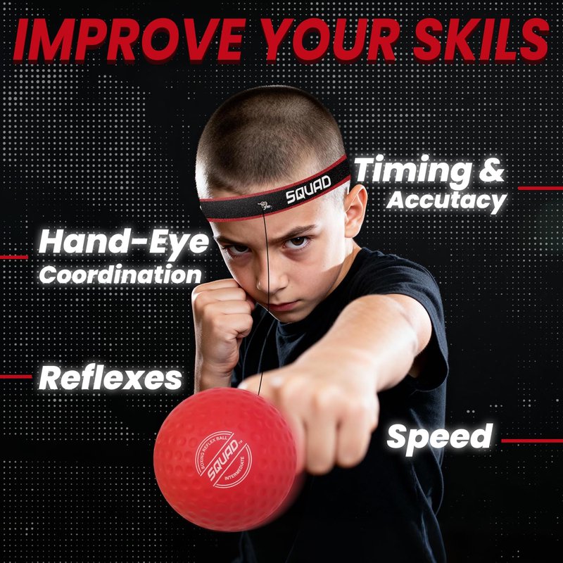SQUAD Boxing Reflex Ball Set - 4-Level Reaction Balls + Adjustable Headband - Train Speed, Timing & Hand-Eye Coordination - Safe Fun for Kids & Adults - Boxing/MMA/Krav MAGA Home Workout Gift