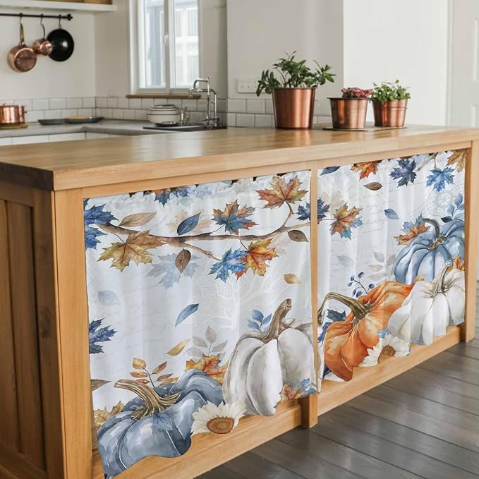 Fall Blue Maple Kitchen Tier Curtains 36 Inch Long 2 Panel Set, Rod Pocket Half