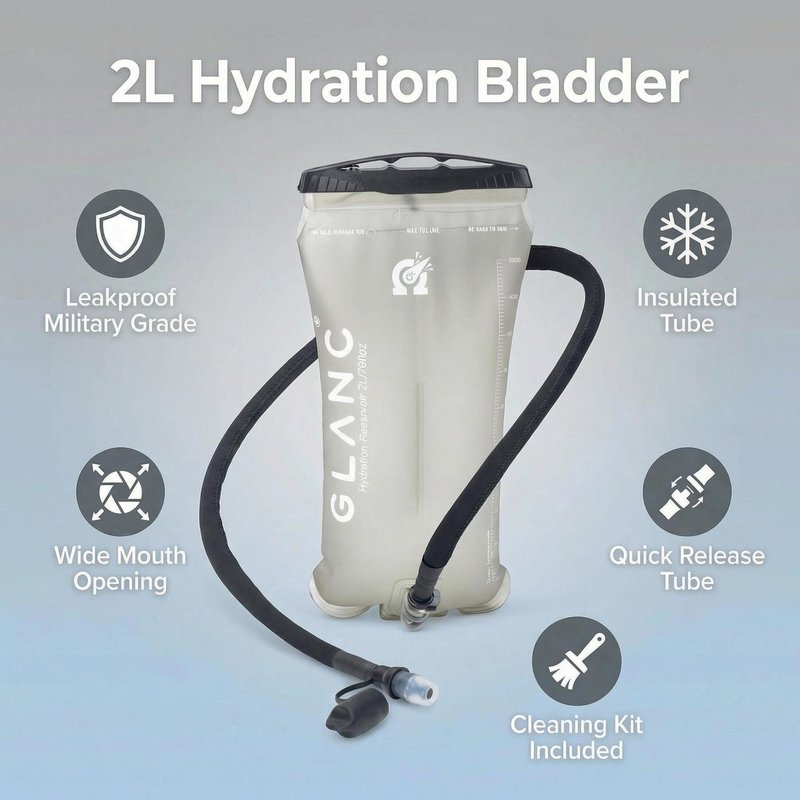GLANC Hydration Bladder - 2L Water Bladder with Cleaning Kit for Outdoor Hiking Backpack, BPA Free Leakproof Water Reservoir for Hydration Pack, Insulated Hose & High Flow Bite Valve, Light Gray