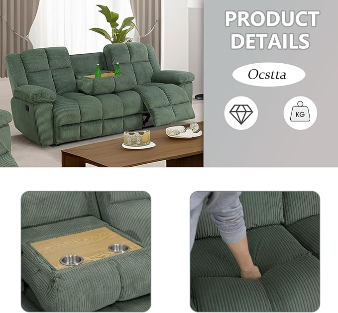 Manual Recliner Sofa Set,Corduroy Reclining Couch Set,Modern Living Room Furniture Set,Reclining Sofa Couch Chair for Living Room Home Office(Green,Sofa+Loveseat)