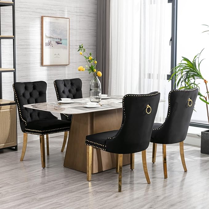 Luxury Upholstered Dining Chairs Set of 8, Black Kitchen Chair with Golden Metal Legs, Velvet Tufted Back Dining Chair, Sillas de Comedor, Modern Kitchen & Dining Room Chairs (Black, 8 Pcs)