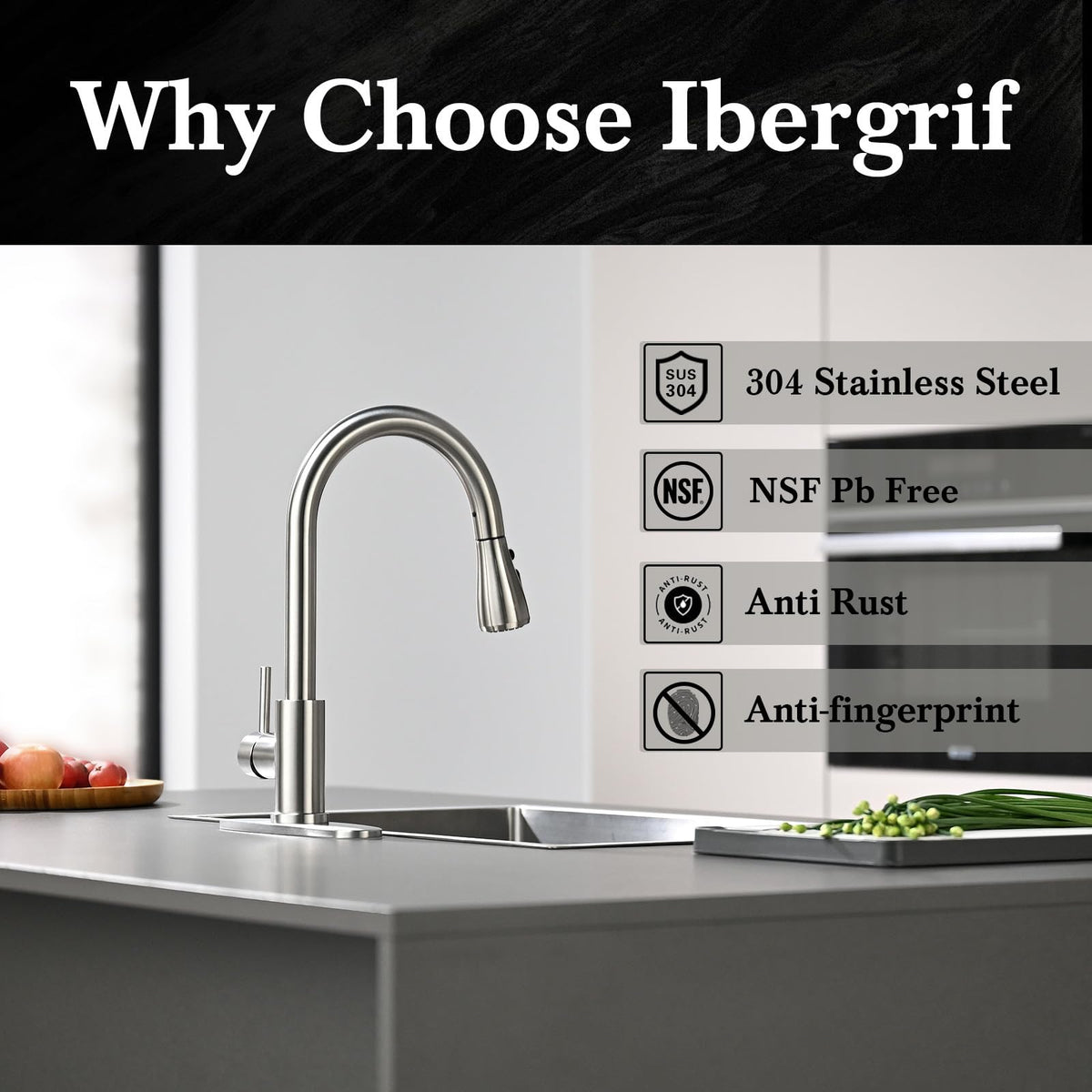 Ibergrif Kitchen Faucets with Pull Down Sprayer, Single Handle High Arc Brushed Nickel Stainless Steel 1 or 3 Hole Kitchen Sink Faucet with Deck for RV Laundry Farmhouse Bar