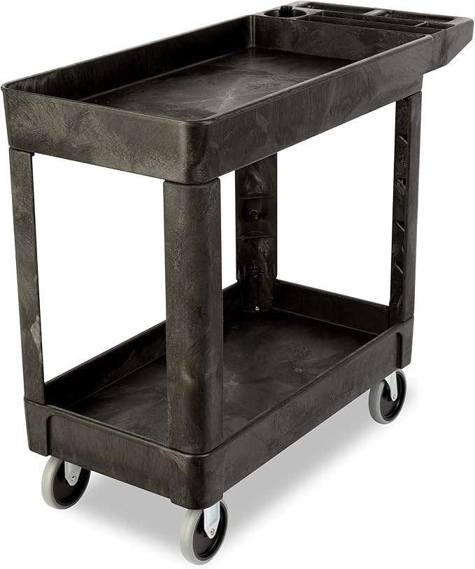 Rubbermaid Commercial Products 2-Shelf Utility/Service Cart, Small, Lipped Shelves, Storage Handle, 500 lbs. Capacity, for Warehouse/Garage/Cleaning/Manufacturing