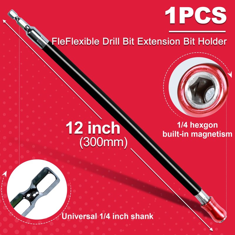 Geinxurn 12Inches Flexible Drill Bit Extension Screwdriver Bit Holders, 1PACK Flex Shaft Extension Socket Bit Holder Hex Shank Quick-Change Drill Bit Guide