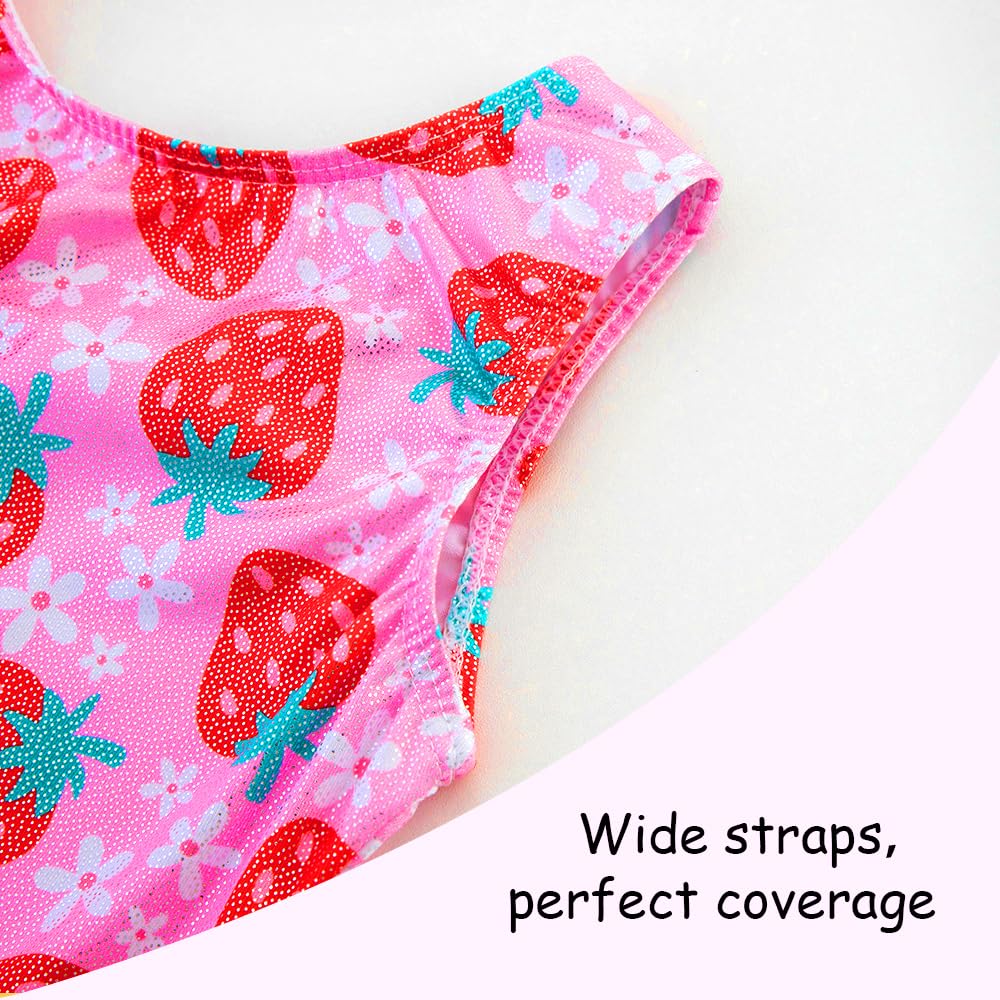 Gymnastics Leotards for Girls Toddler Ballet Dance Tumbling Outfits 7 8 Kids Sleeveless Gymnastic Biketard with Shorts Sparkly Dancwear Unitards Clothes Bodysuit (Pink Strawberry, 7-8 Years)