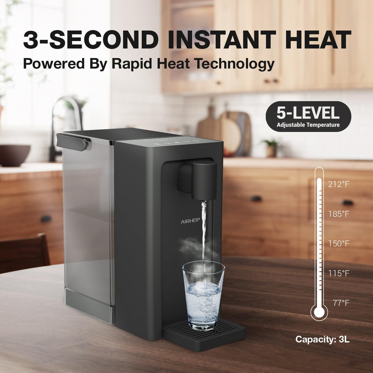 AIRHOP 3L Instant Hot Water Dispenser Countertop 5 Temp 3 Volume Options