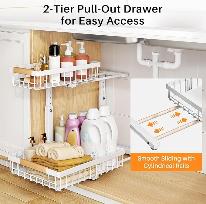 2 Pack Under Sink Organizer,Adjustable Height,2 Tier Pull Out Under Cabinet Organizer,Slide Out Thickened Metal Under Sink Storage for Kitchen Bathroom Cabinet Pantry