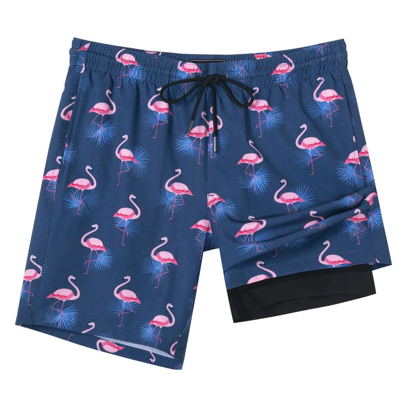 SURF CUZ Mens Swim Trunks with Compression Liner Quick Dry Swim Shorts 7" Swimming Trunks Stretch Zipper Pockets,Sunny Flamingos,S