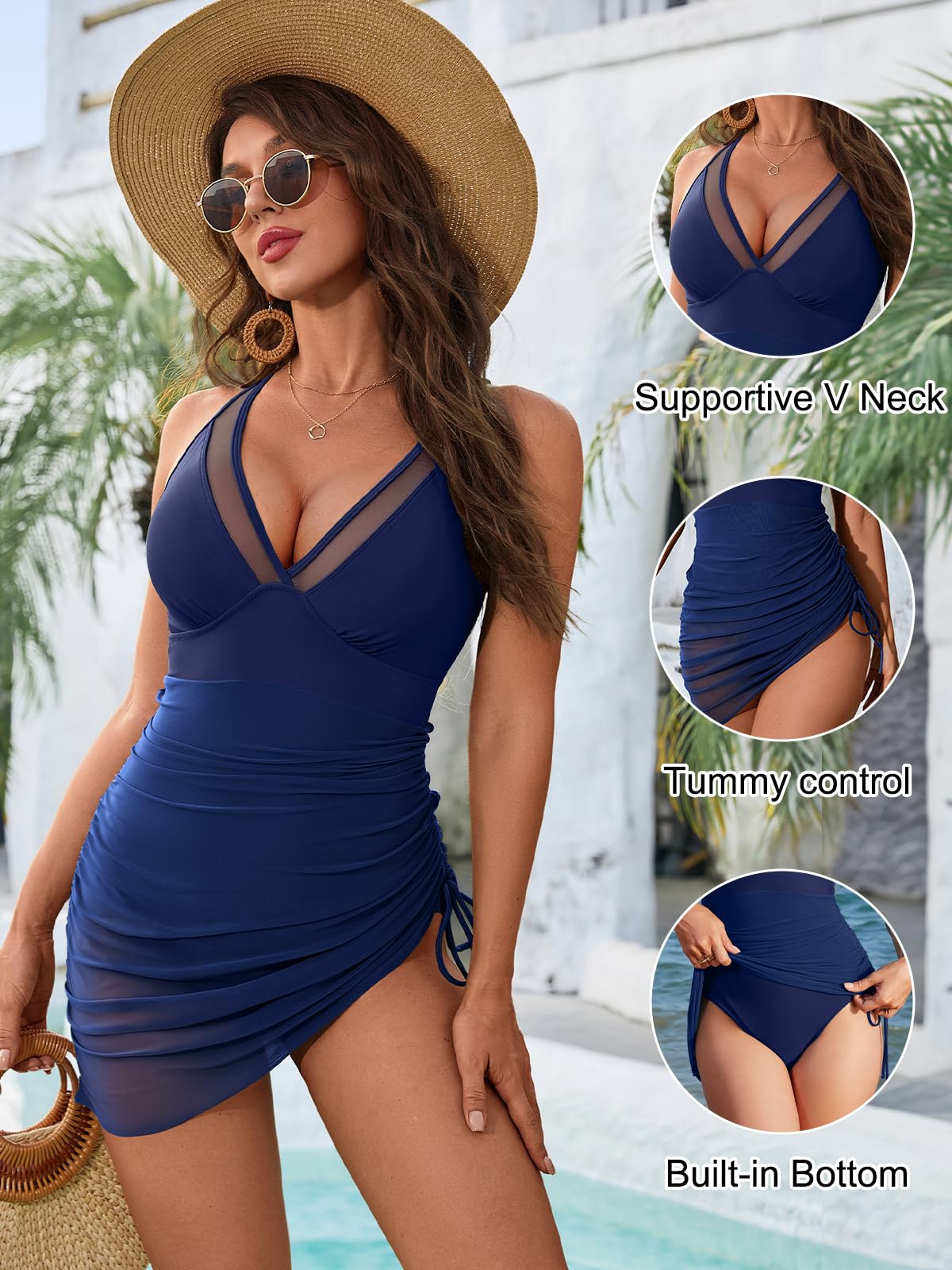 Blooming Jelly Women One Piece Swim Dress Tummy Control Swimsuits Modest Mesh Sheer V Neck Swimdress (S, Navy Blue)