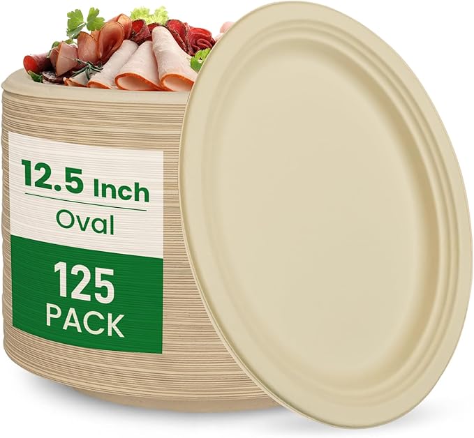 biocean 12.5 Inch Compostable Oval Plates [125-Value Pack] - Sustainable and Heavy-Duty Compostable Paper Plates, Natural Sugarcane Bagasse Biodegradable Plate, Natural Brown