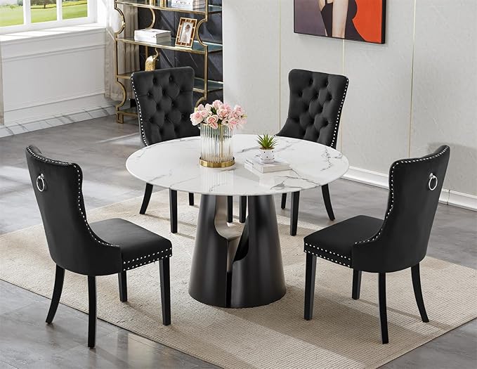 5-Piece Faux Marble Round Dining Table Set for 4, Modern Luxury Kitchen Table Set for 4 with Black Tufted Chairs,Circle Dining Tables with White Marble Grain Top and Black Pedestal Base