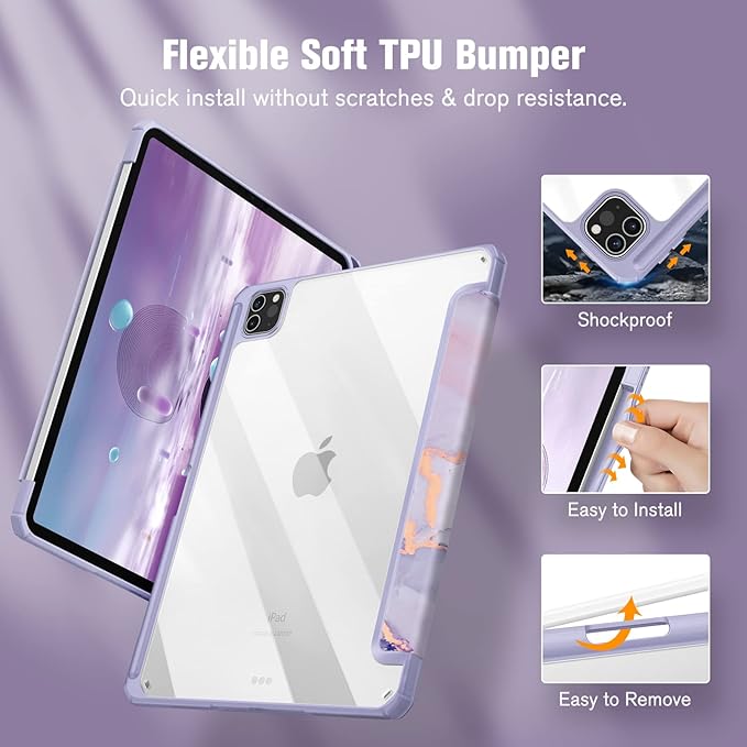 Fintie Hybrid Slim Case for iPad Pro 11-inch (4th / 3rd Generation) 2022/2021 - [Built-in Pencil Holder] Shockproof Cover w/Clear Transparent Back Shell, Also Fit iPad Pro 11" 2nd Gen, Lilac Marble