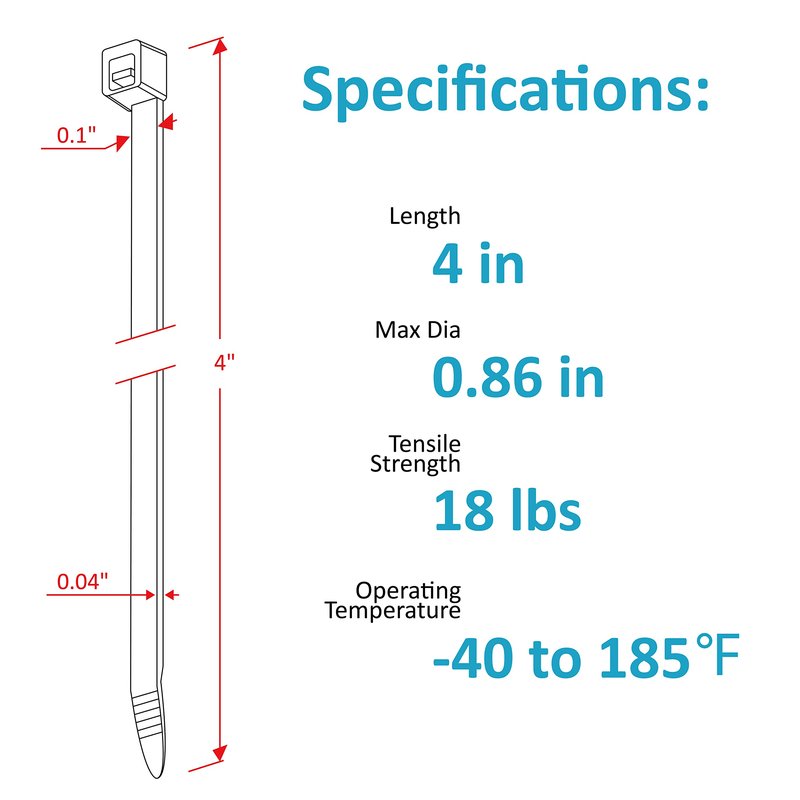 Zip Ties 4 inch, Small Zip Ties with 18 lb Tensile Strength, Black, 1000 Pack, by Tantti Supply
