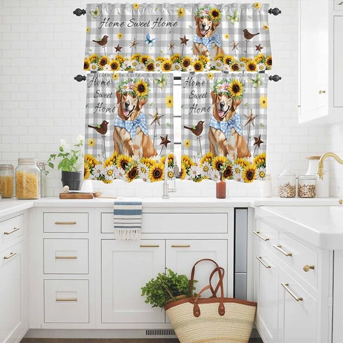 Kitchen Curtains Tiers and Valance Set of 3, Sunflowers Dog Light Filtering