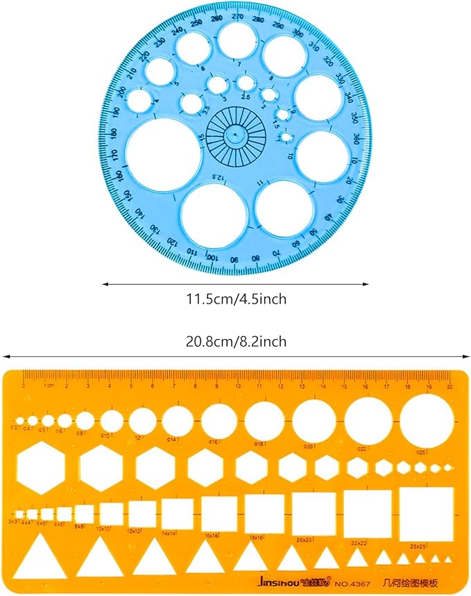 2 Pcs Geometric Stencils Templates, Circle Round Stencil, Measuring Geometry Ruler, Scale Drafting Digital Drawing Set, Artist Design Aid Tool